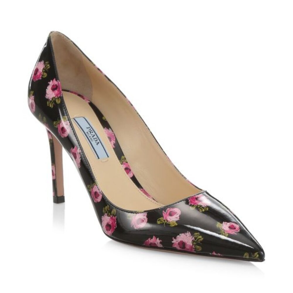 Prada Patent Leather Black with Pink Rose Floral Pumps Heels Size 38 US 8 New